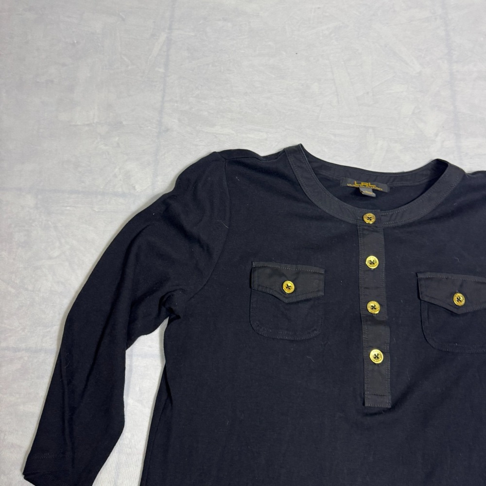 Lauren Ralph Lauren Womens Blouse Top Black‎ Gold Buttons Pocket Henley Neck L - Picture 7 of 15